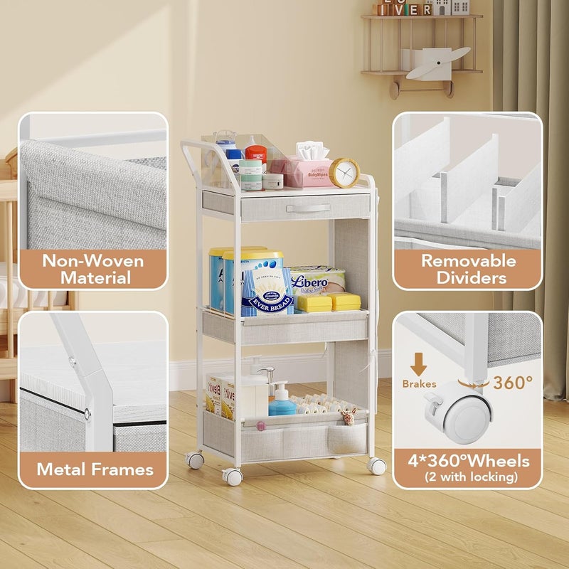 BBLIKE 3-Tier Diaper Caddy Organizer - Rolling Utility Baby Cart with Drawer and Side Pockets for Nursery and Baby Essentials, Multi-Function Cart for Bedroom and Bathroom, White - Image 3